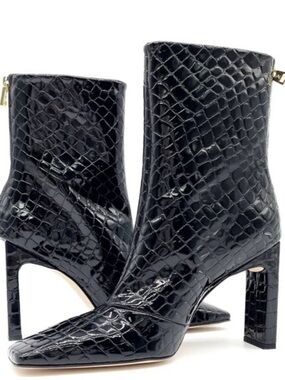Good American Black Croc-Embossed Square-Toe High Heel Ankle Boots - Women